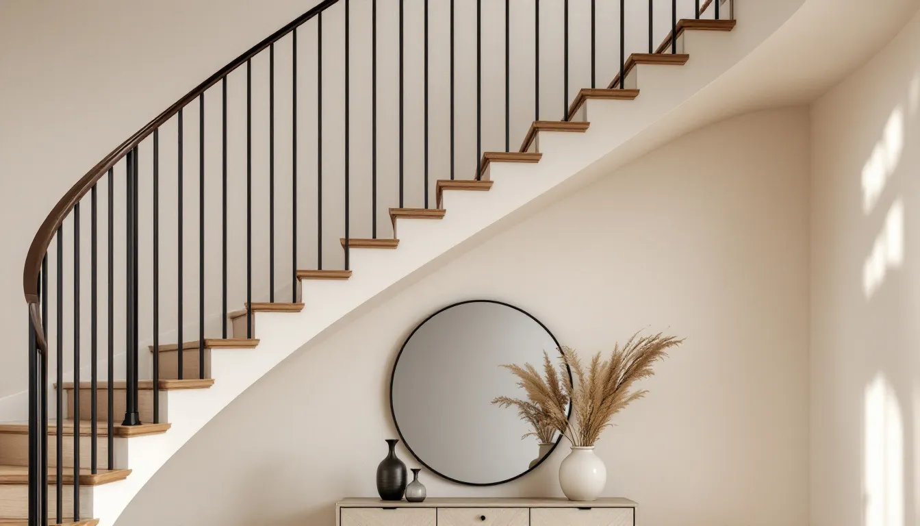 Escalera curva de madera con barandilla de acero negro